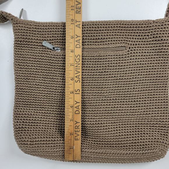 Vintage Sak Crochet Shoulder Bag 10" Dark Tan Nylon Ladies Handbag Pockets - Picture 8 of 16